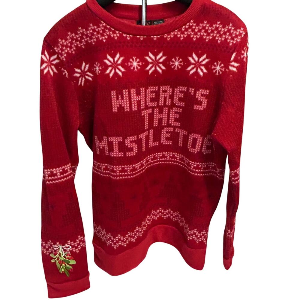 Mad Engine sz Med Red snowflake Print Where's the Mistletoe Christmas Sweater